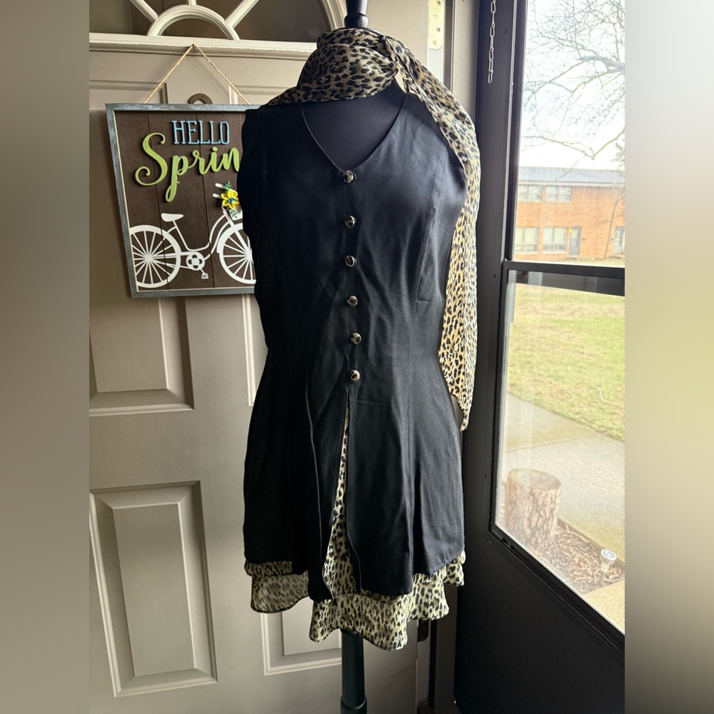 Vintage Dawn Joy Fashions sleeveless leopard print dress with scarf, size 14